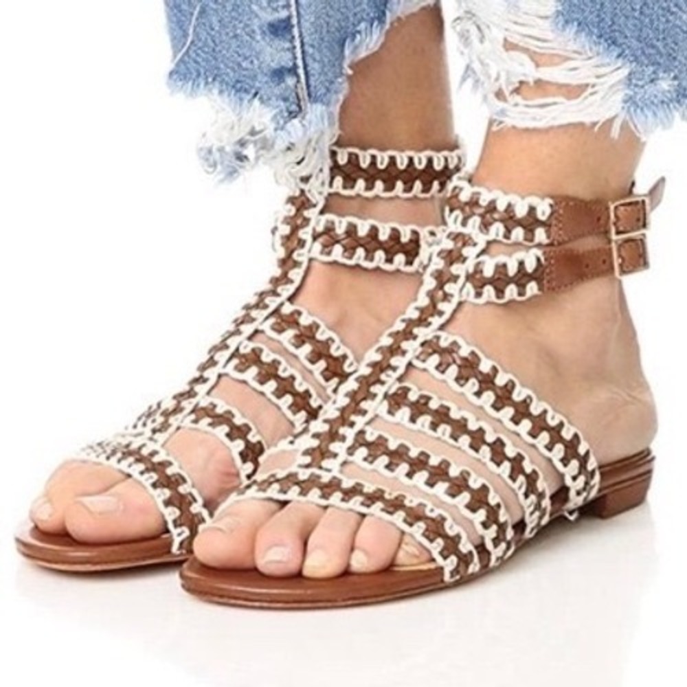 Schutz Lorena Gladiator Strap Sandals Sz 8B Brown Leather Woven Whipstitch Boho